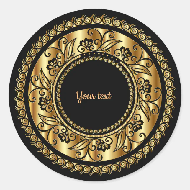 Elegant Black and Gold Ornate Template Classic Round Sticker | Zazzle