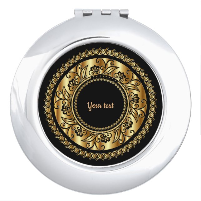 Elegant Black and Gold Ornate Template Compact Mirror (Front)