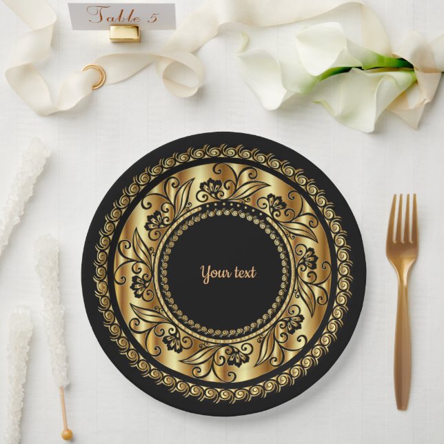 Elegant Black and Gold Ornate Template Paper Plates (Wedding)