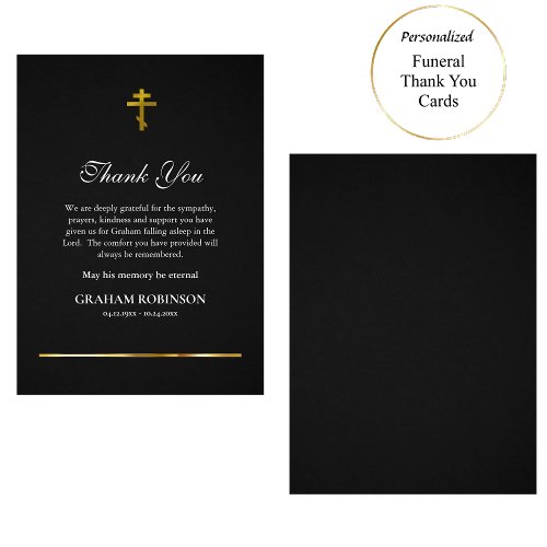 Elegant Black and Gold Orthodox Christian Memorial Thank You Card