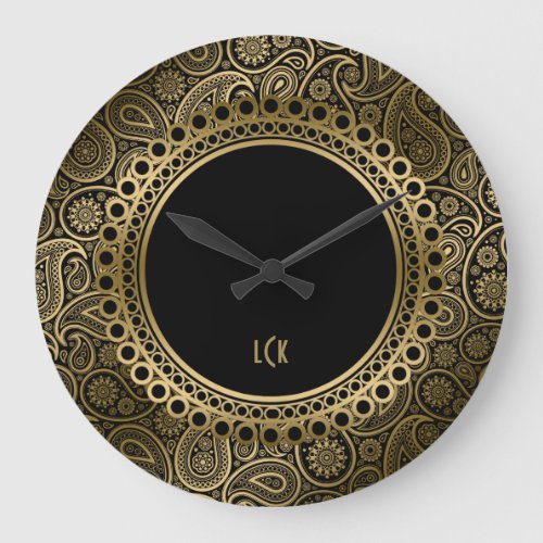 Elegant Black And Gold Paisley Ornate Frame Large Clock