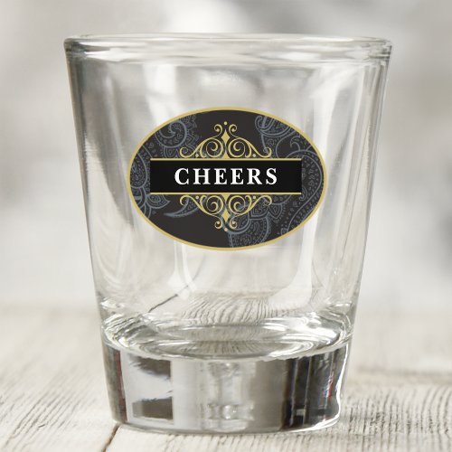 Elegant Black and Gold Paisley Personalized Shot Glass