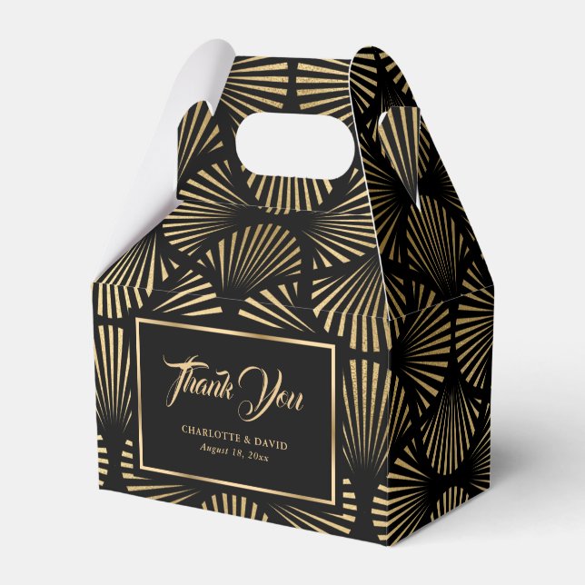 Elegant Black and Gold Palm Leaves Wedding Favor Boxes (Front Side)