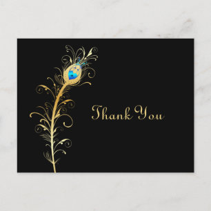 Elegant Black and Gold Peacock Feather Thank You Postcard