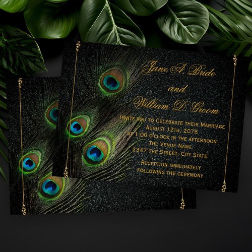 Elegant Black and Gold Peacock Wedding Invitation