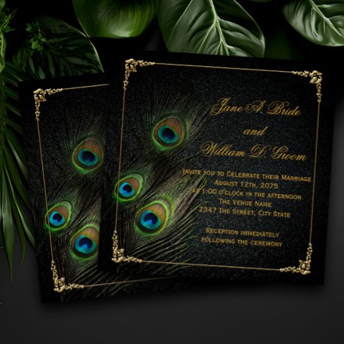 Elegant Black and Gold Peacock Wedding Invitation