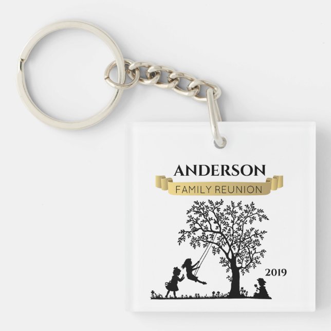 Elegant Black and Gold Personalized Family Reunion Keychain (Front)