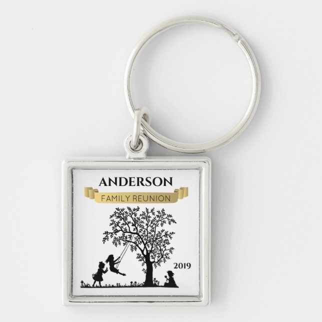 Elegant Black and Gold Personalized Family Reunion Keychain (Front)