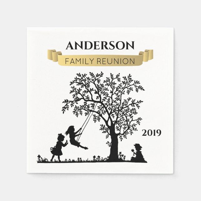 Elegant Black and Gold Personalized Family Reunion Napkins (Front)