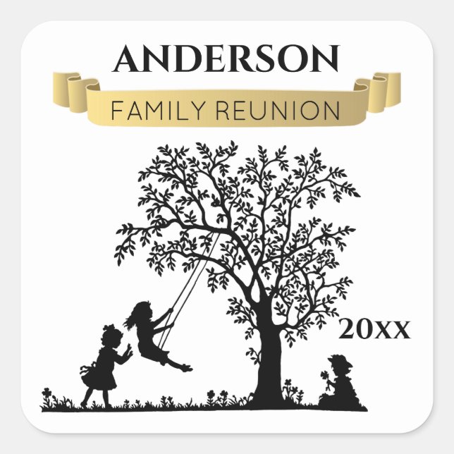 Elegant Black and Gold Personalized Family Reunion Square Sticker (Front)