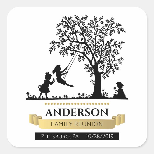 Elegant Black and Gold Personalized Family Reunion Square Sticker (Front)