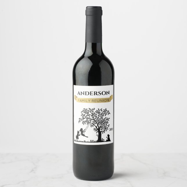 Elegant Black and Gold Personalized Family Reunion Wine Label (Front)