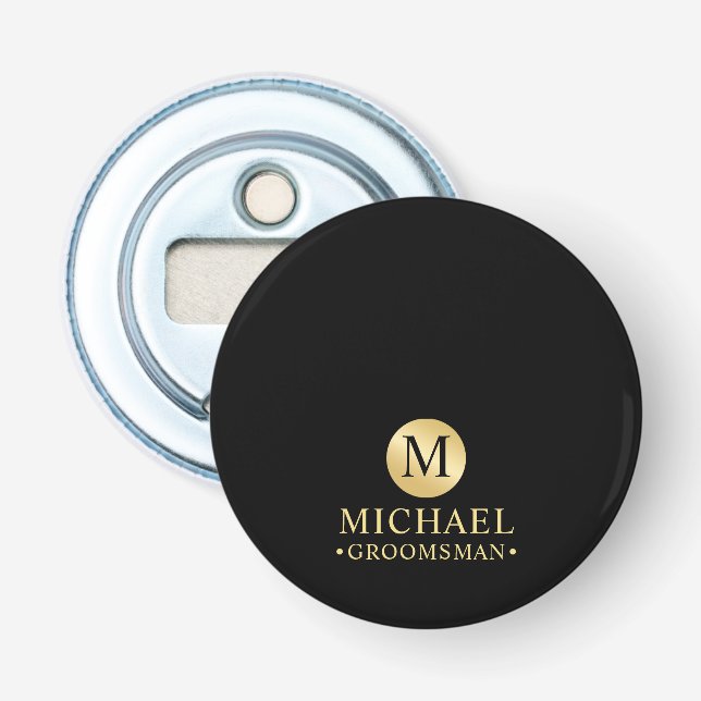 Elegant Black and Gold Personalized Groomsmen Bottle Opener (Front)