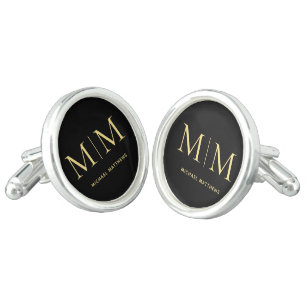 Elegant Black and Gold Personalized Monogram Name Cufflinks