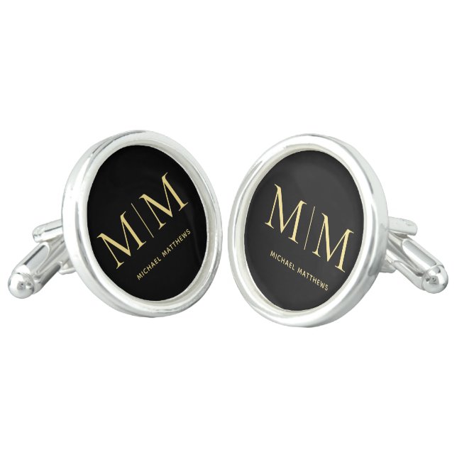 Elegant Black and Gold Personalized Monogram Name Cufflinks (Angled)