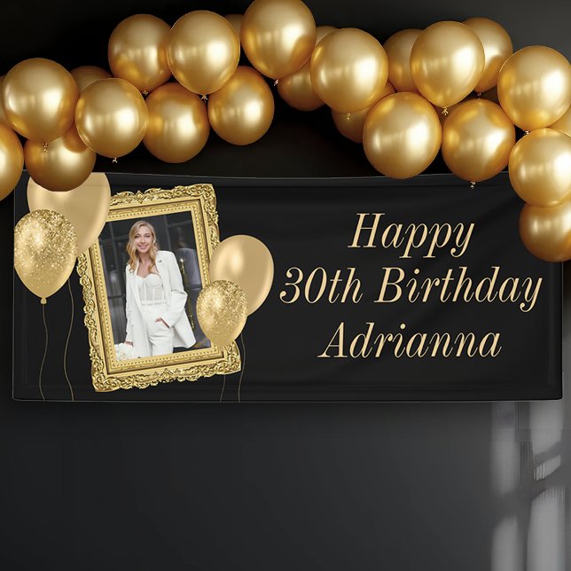 Elegant Black and Gold Photo & Balloons Banner (Elegant Gold Birthday Banner with Photo)