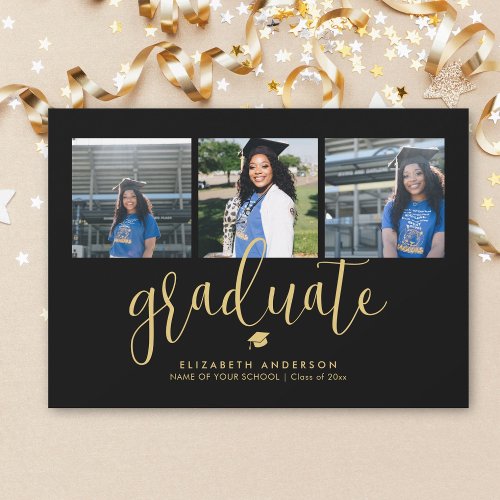 Elegant Black and Gold Photo Collage Graduation Invitation
