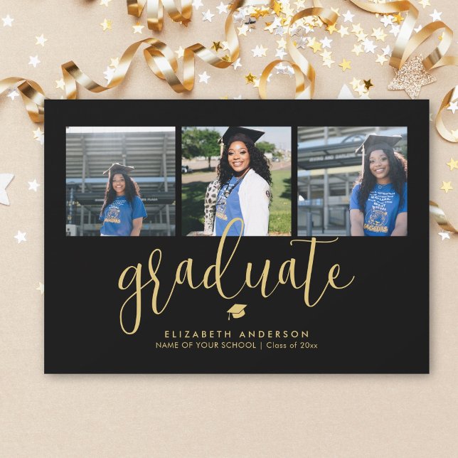 Elegant Black and Gold Photo Collage Graduation Invitation (Creator Uploaded)