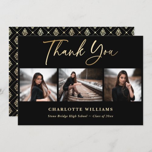 Elegant Black and Gold Photo Collage Graduation Thank You Card