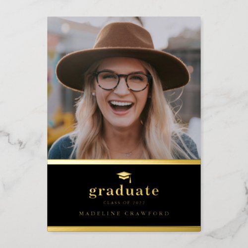 Elegant Black and Gold Photo Graduation Foil Invitation