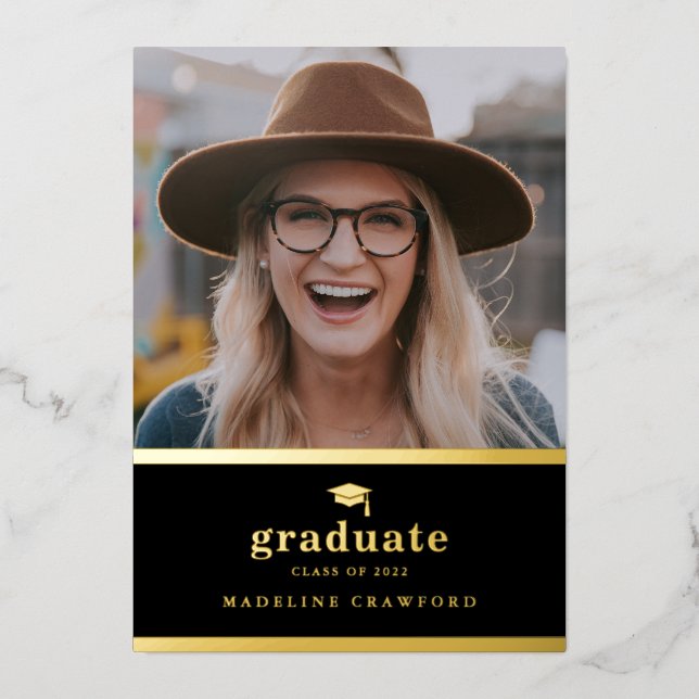 Elegant Black and Gold Photo Graduation Foil Invitation (Front)