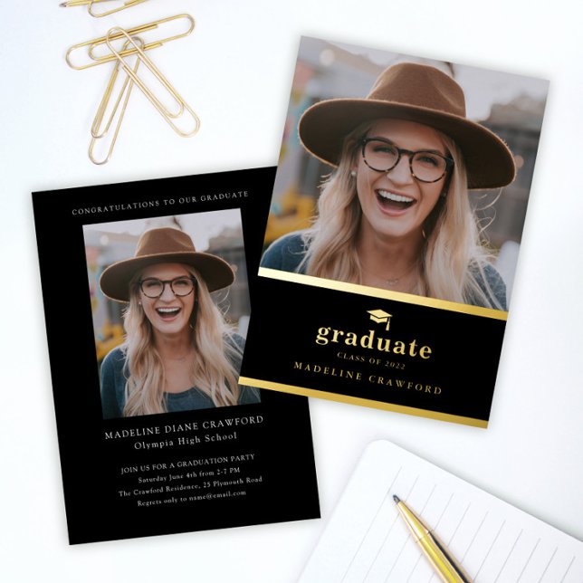 Elegant Black and Gold Photo Graduation Foil Invitation (Simple gold and black 2 photo graduation foil announcement invitations.)