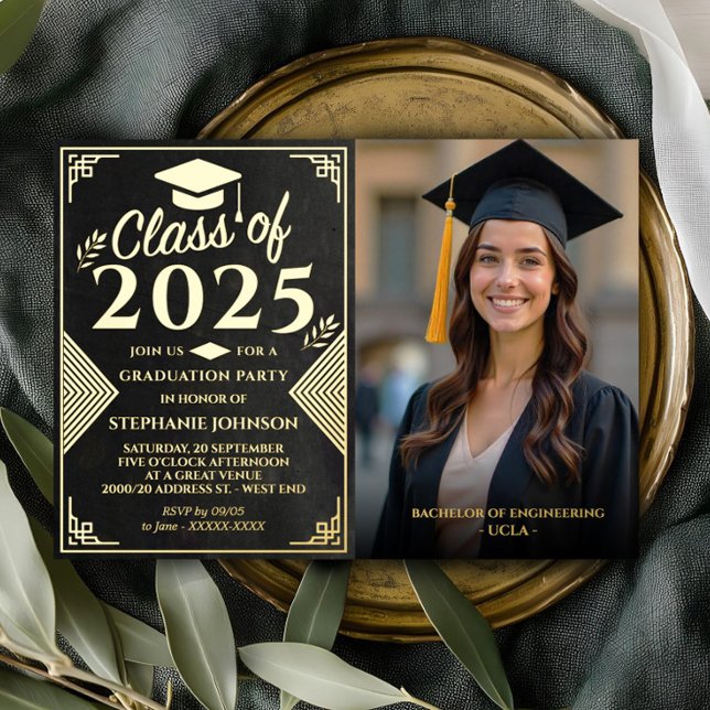 Elegant Black and Gold Photo Graduation Party  Foil Invitation (Celebrate your graduate in style with this sophisticated black and gold invitation. )
