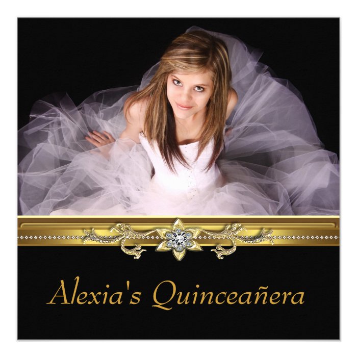 Elegant Black and Gold Photo Quinceanera Custom Invites