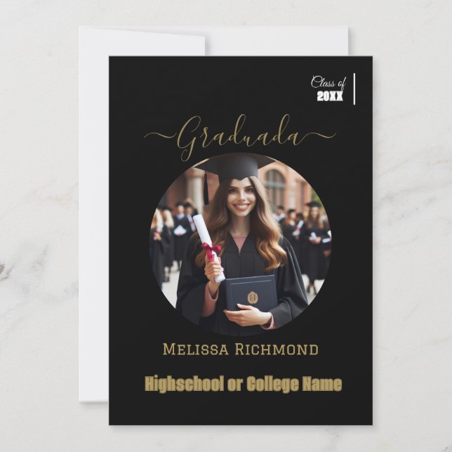 Elegant Black and gold Photo Spanish Graduated  Announcement (Front)