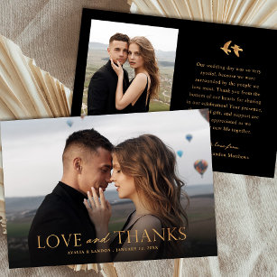 Elegant Black and Gold Photo Wedding   Birds Thank You Card