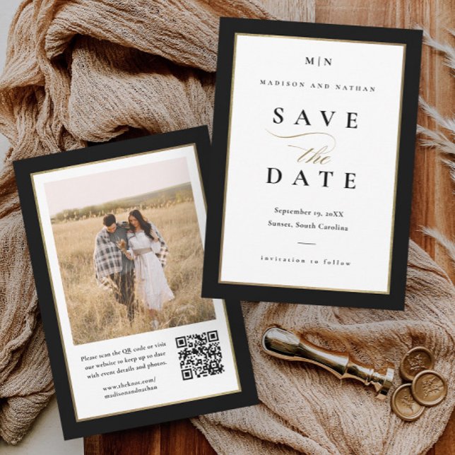 Elegant Black and Gold Photo Wedding Save The Date (Elegant black and white photo wedding save the date with gold frame and QR code.)