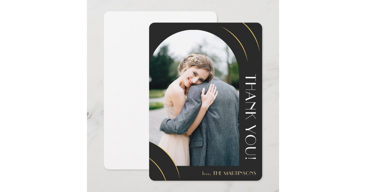 Elegant Black and Gold Photo Wedding Thank You Card | Zazzle