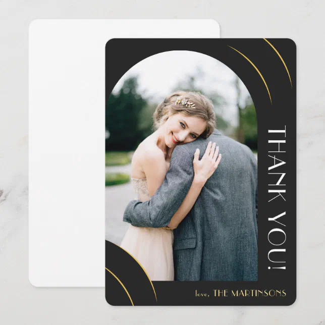 Elegant Black and Gold Photo Wedding Thank You Card | Zazzle