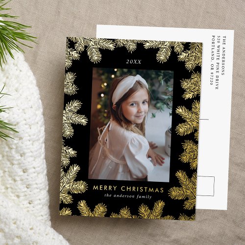 Elegant Black and Gold Pine Frame Photo Foil Holiday Postcard