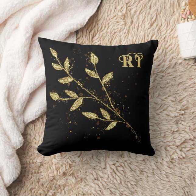 Elegant black and gold Plant monogram  Throw Pillow (Blanket)