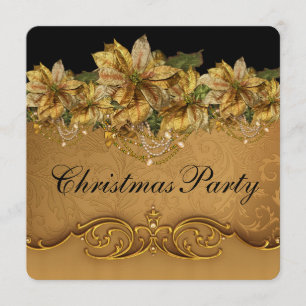 Elegant Black and Gold Poinsettia Christmas Party Invitation