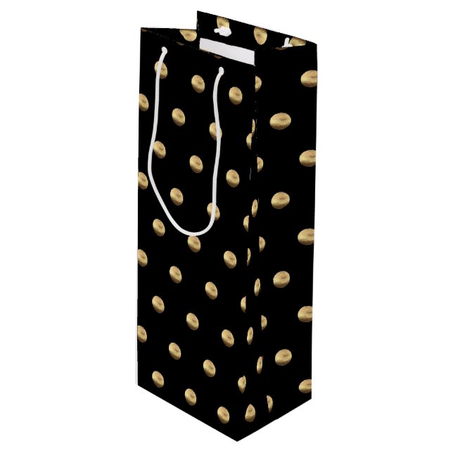 Elegant Black and Gold Polka Dots Pattern Wine Gift Bag (Front Angled)