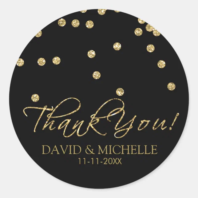Elegant Black and Gold Polka-Dots Thank You! Classic Round Sticker | Zazzle