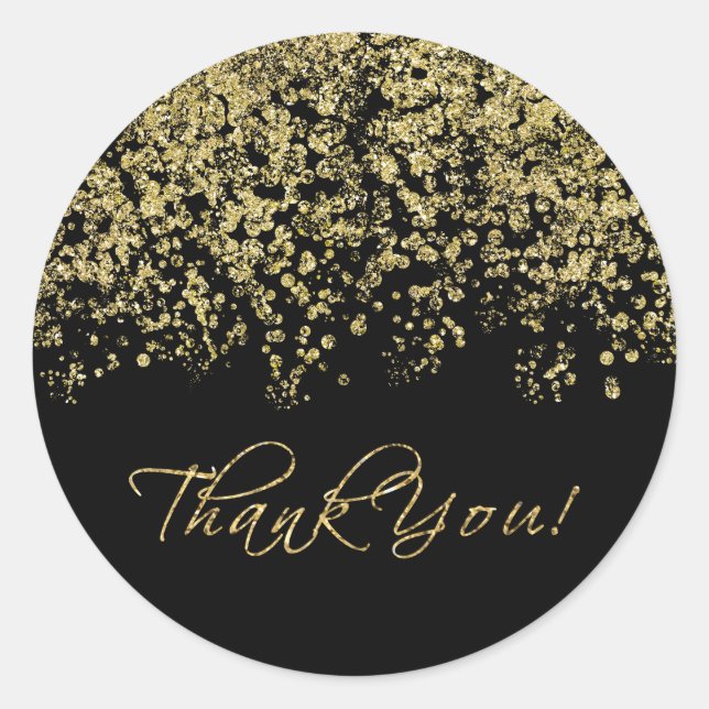 Elegant Black and Gold Polka-Dots Thank You! Classic Round Sticker (Front)
