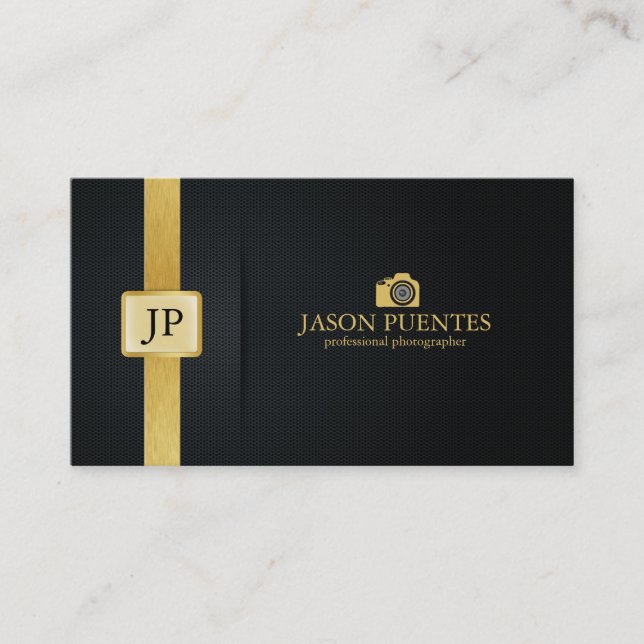Elegant Black and Gold Professional Photographer Business Card (Front)