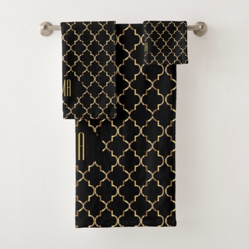 Elegant Black and Gold Quatrefoil Patterns Bath Towel Set