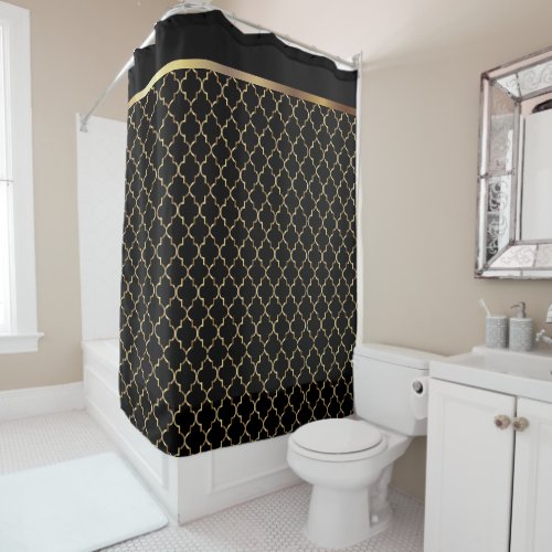 Elegant Black and Gold Quatrefoil Patterns Shower Curtain
