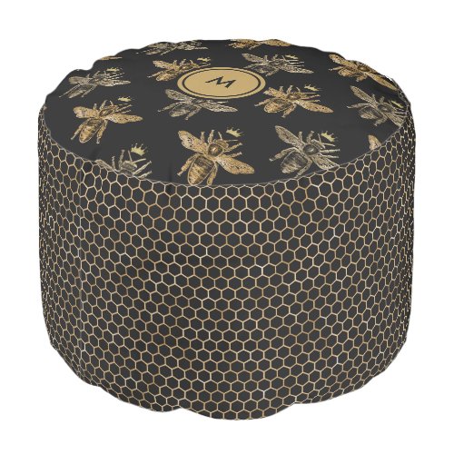 Elegant Black and Gold Queen Bee  Honeycomb Pouf