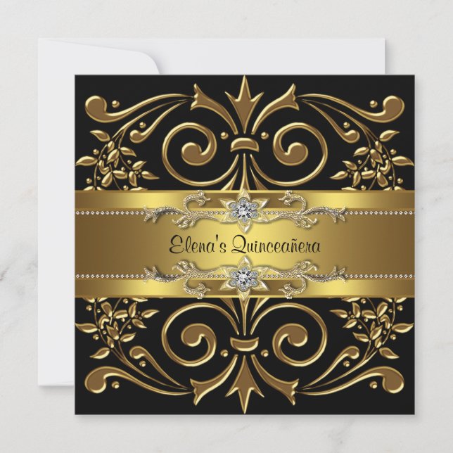Elegant Black and Gold Quinceanera Invitations (Front)