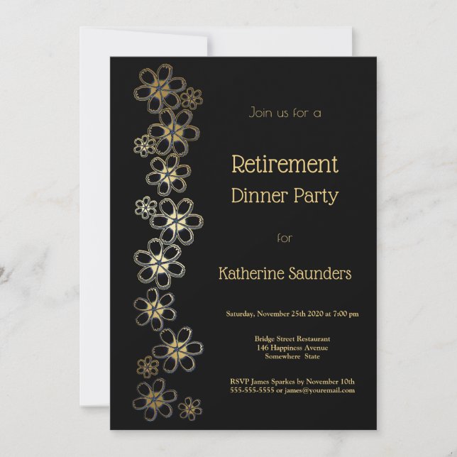 Elegant Black and Gold Retirement Dinner Party Invitation (Front)