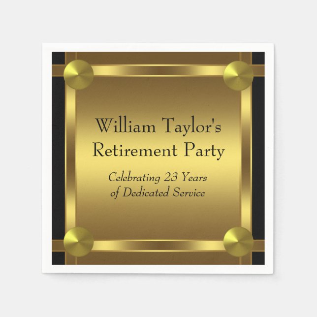 Elegant Black and Gold Retirement Napkins (Front)