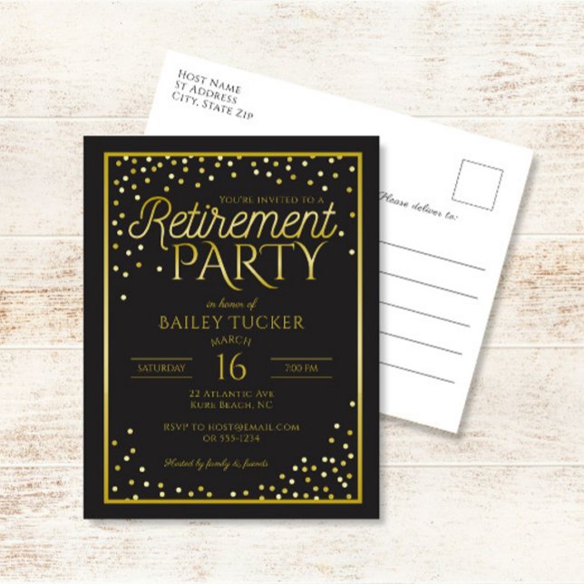 Elegant Black and Gold Retirement Party Invitation Postcard (Creator Uploaded)