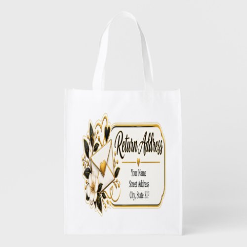Elegant Black and Gold Return Address Labels Grocery Bag