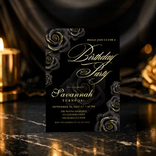Elegant Black and Gold Rose Birthday  Foil Invitation