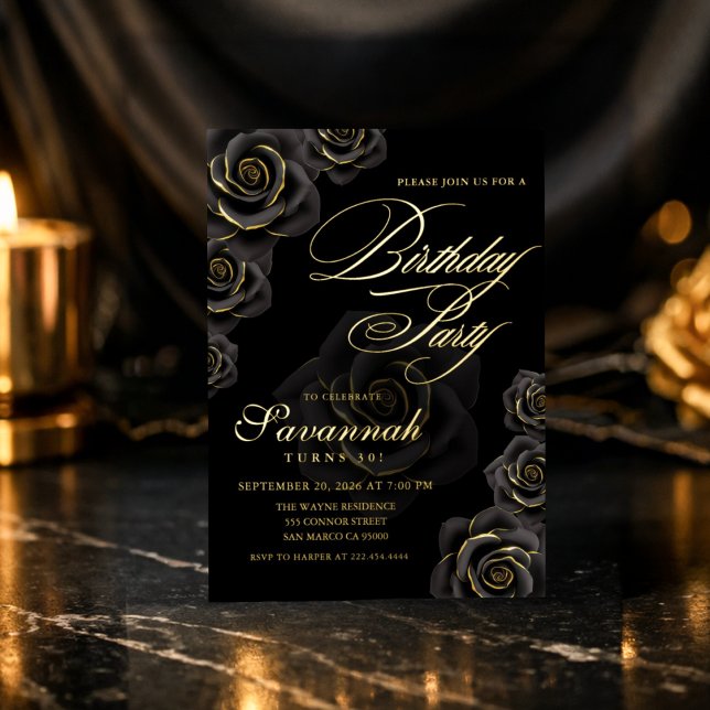 Elegant Black and Gold Rose Birthday  Foil Invitation (Creator Uploaded)